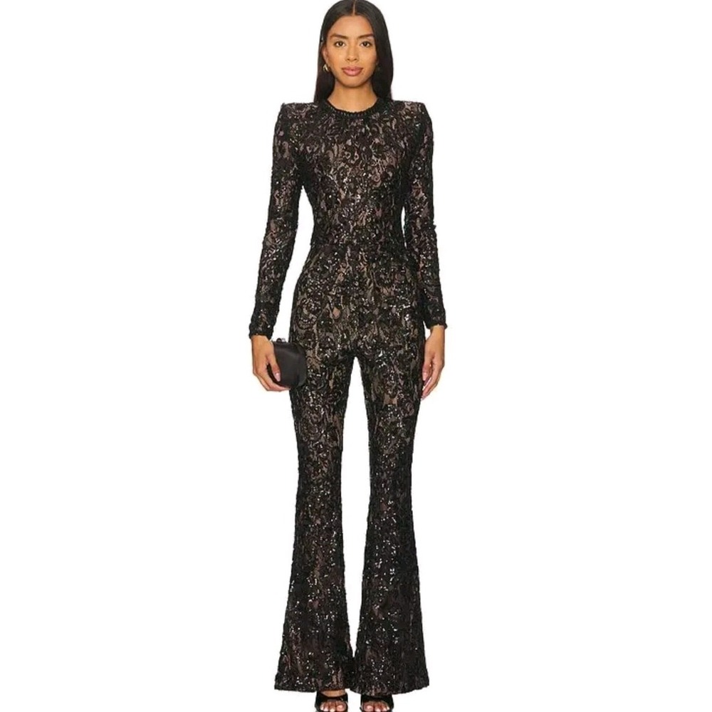 NWT Nadine Merabi Bella Sequin Lace Jumpsuit Black Longsleeve Flare Leg Size XS
